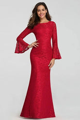 Glamorous Red Lace Prom Dress Mermaid Long Sleeve Evening Gowns